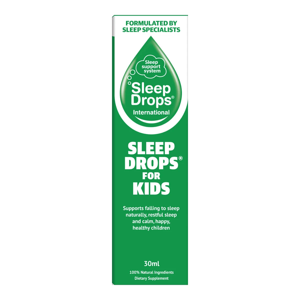 A tall green box for Sleep Drops for Kids by Sleep Drops International, shown against a plain white background.