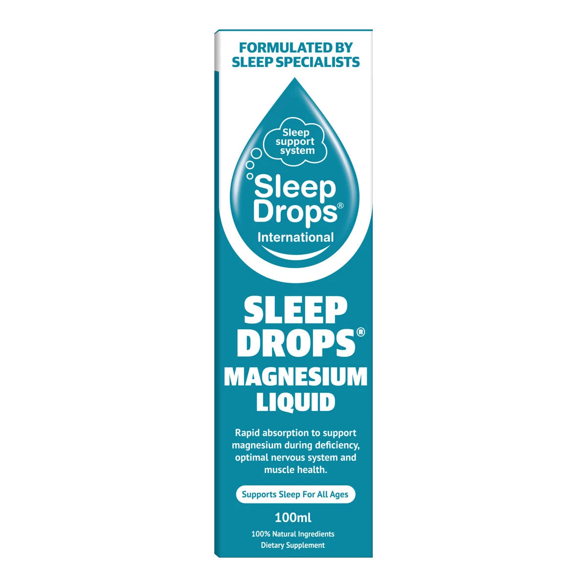 A tall rectangular box for Sleep Drops International Sleep Drops Magnesium Liquid, shown on a plain white background. The packaging is primarily teal-blue with white text and a large teardrop logo.