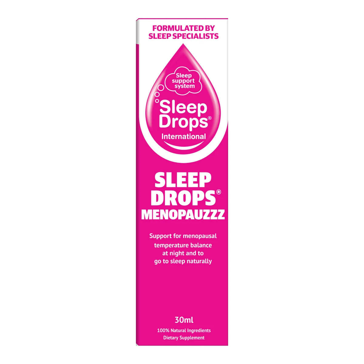 A tall, narrow pink box for Sleep Drops International Sleep Drops Menopauzzz dietary supplement, shown against a plain white background.