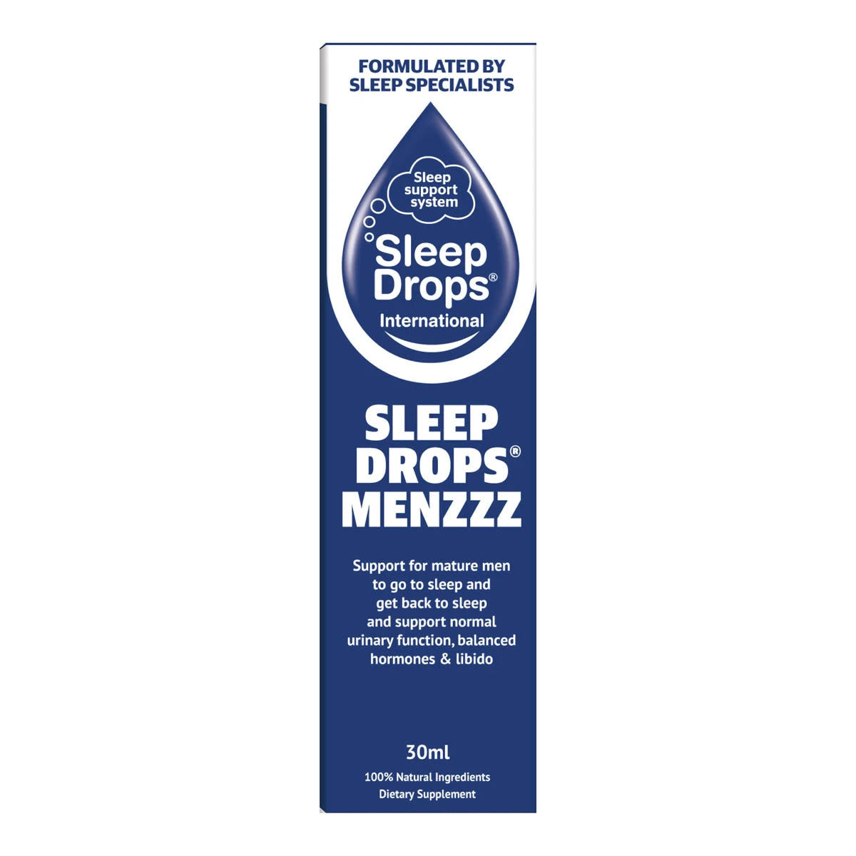 SleepDrops Menzzz blue box packaging. Support for mature men to go to sleep and get back to sleep and support normal urinary function, balanced hormones & libido.