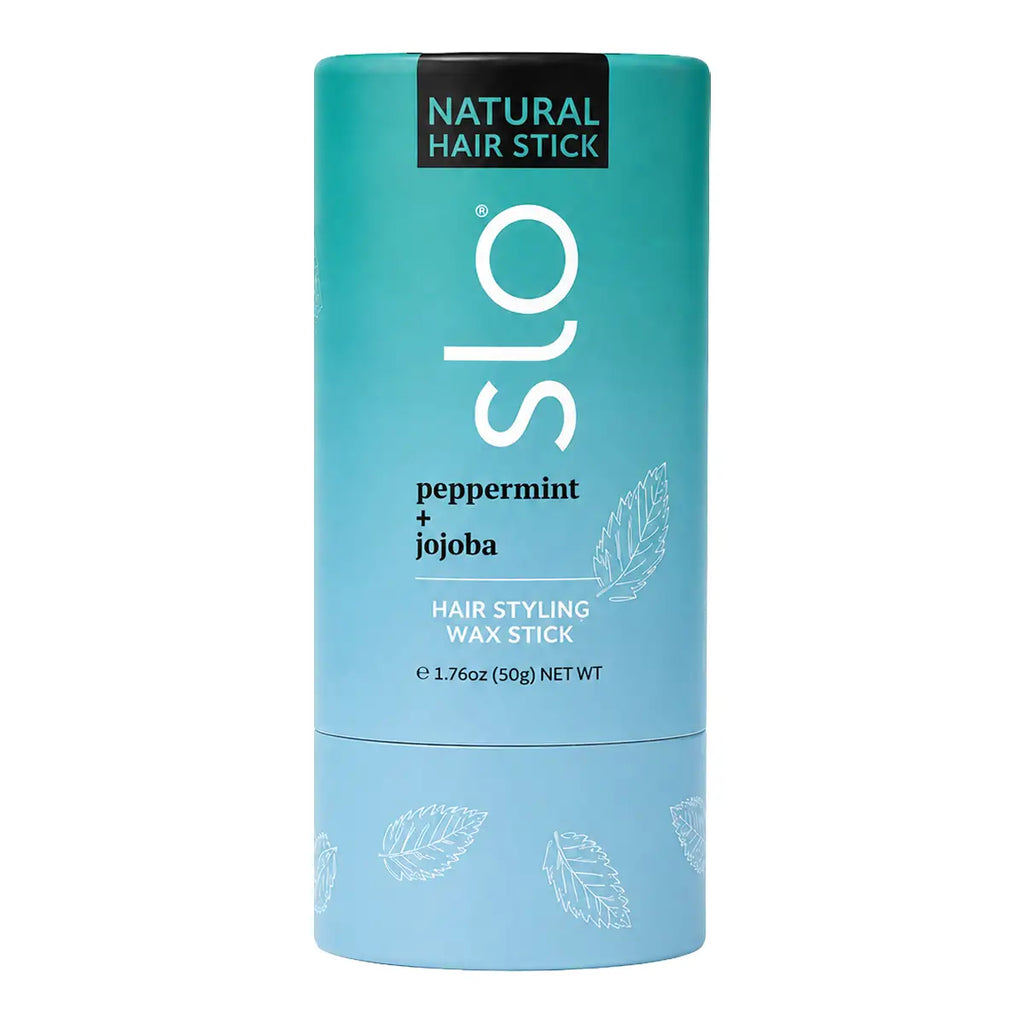 slo Hair Styling Wax Stick in Peppermint and Jojoba 50g, an aqua-blue cardboard push-up tube with the slo logo, on a white background