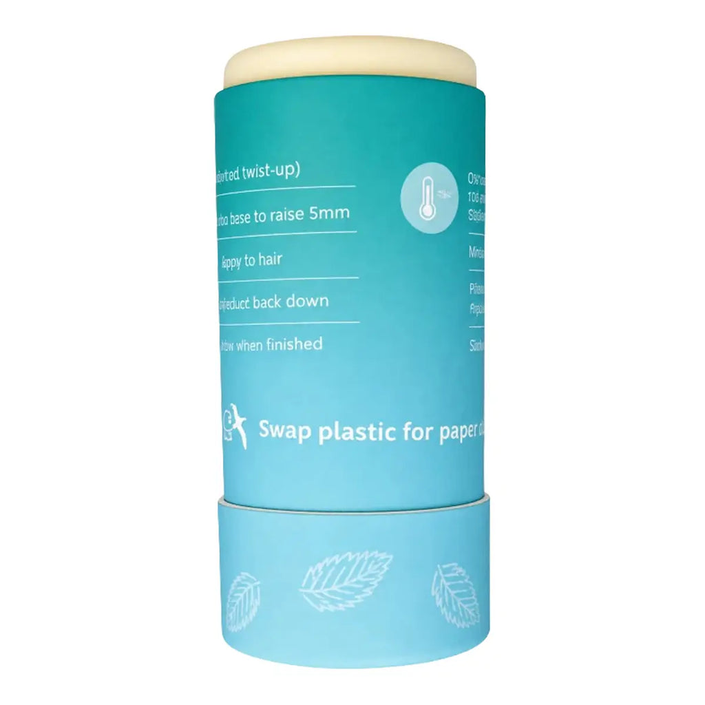 slo Hair Styling Wax Stick in Peppermint and Jojoba 50g, an aqua cardboard tube opened to show the cream wax and a swap plastic message