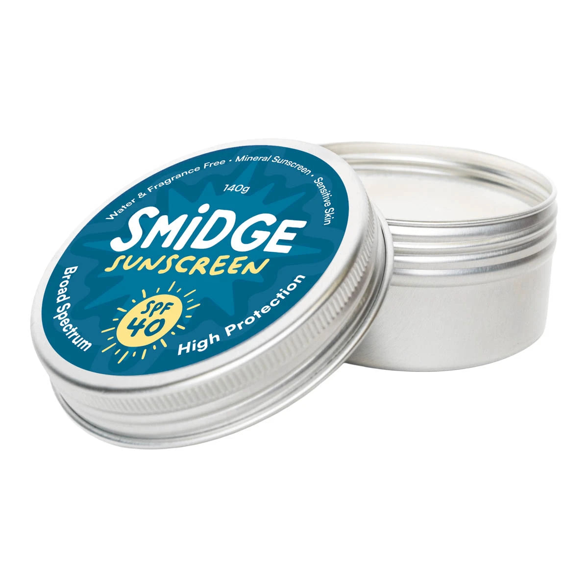 A silver metal tin of Smidge Sunscreen with its lid off, showing a blue label with SPF 40 text and a yellow sun icon, on a white background.