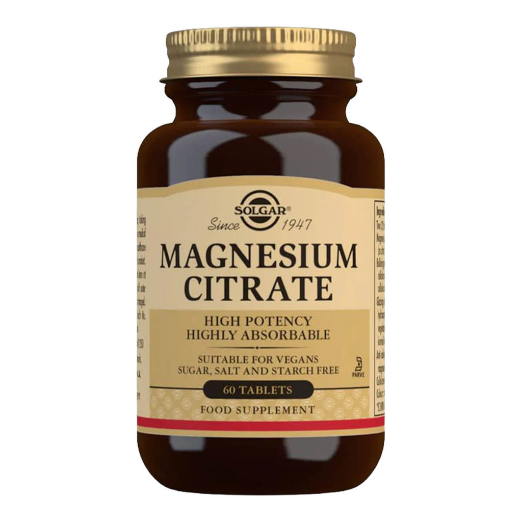 Solgar Magnesium Citrate supplement bottle on a white background.