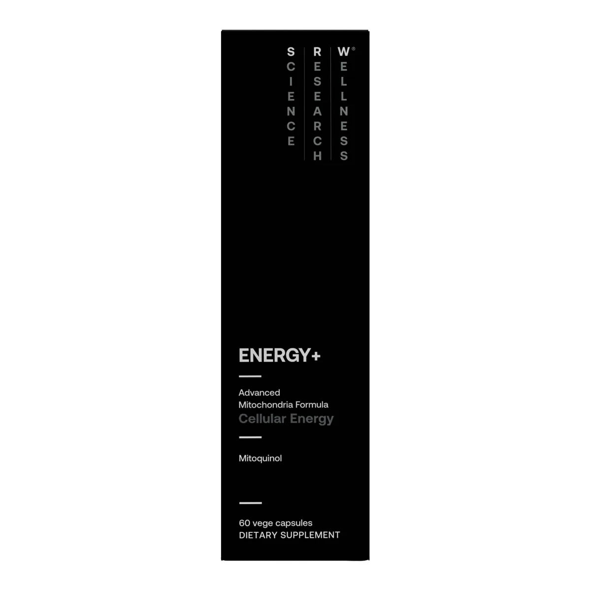 Black supplement bottle labeled 'Energy+' with 'Wellness Research' branding on a white background