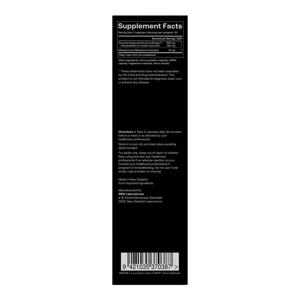 Supplement facts label on back of Immune+ packaging.