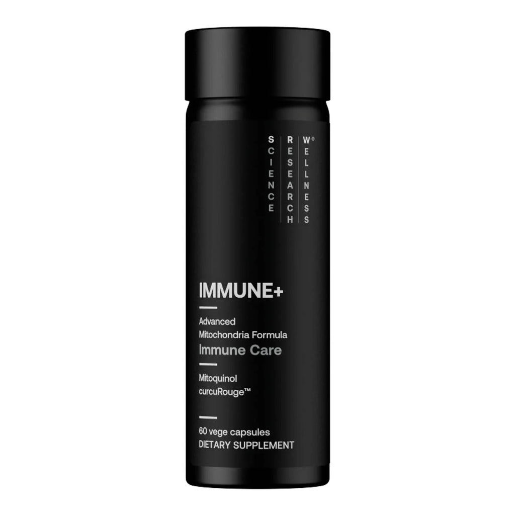 Black supplement bottle labeled 'Immune+' on a white background