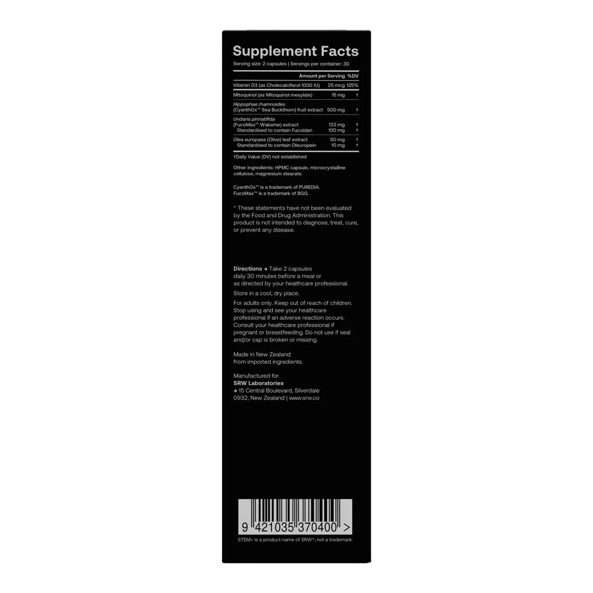 Supplement facts label on back of Stem+ packaging.