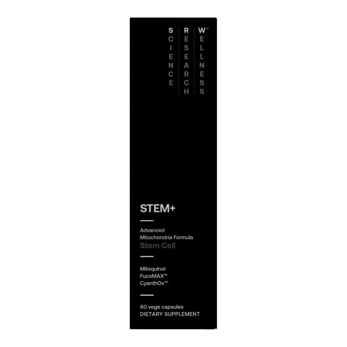 Black supplement bottle labeled 'Wellness Research' with 'STEM+' on a white background