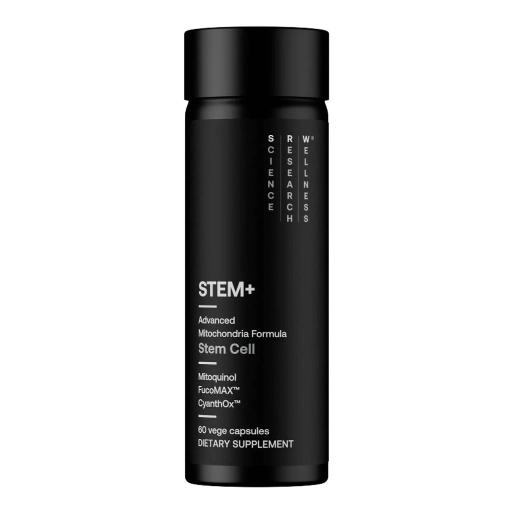 Black supplement bottle labeled 'STEM+' on a white background