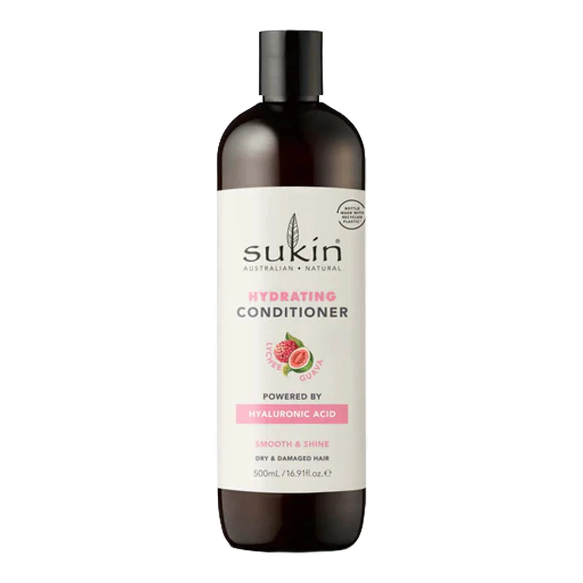 500ml bottle of Sukin Hydrating Lychee Conditioner, powered by hyaluronic acid. For dry & damaged hair.