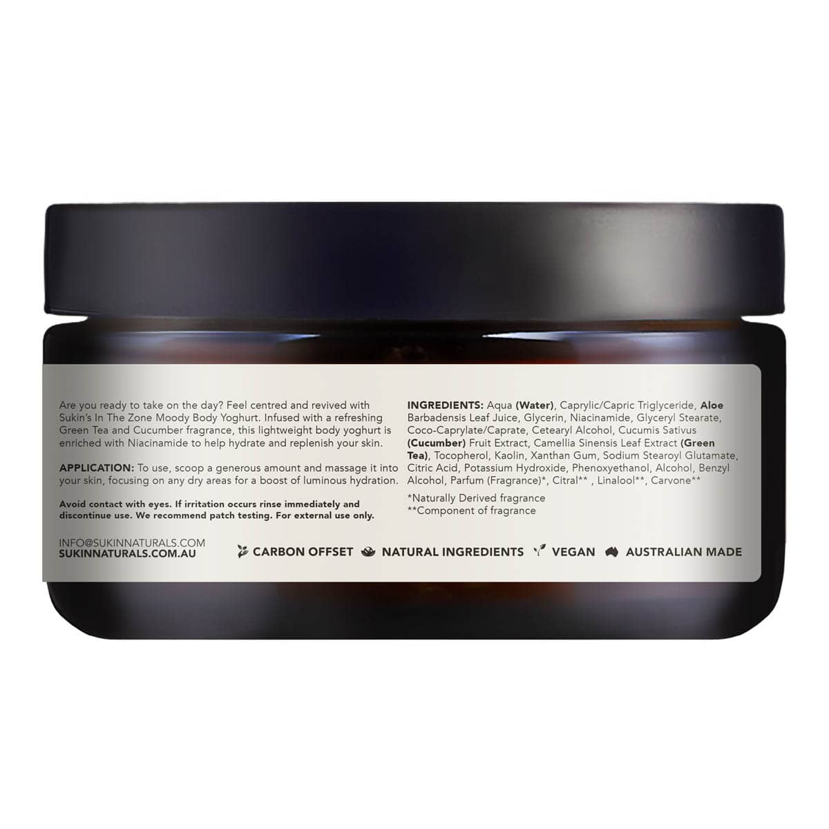 Jar of skincare product with label on a white background.