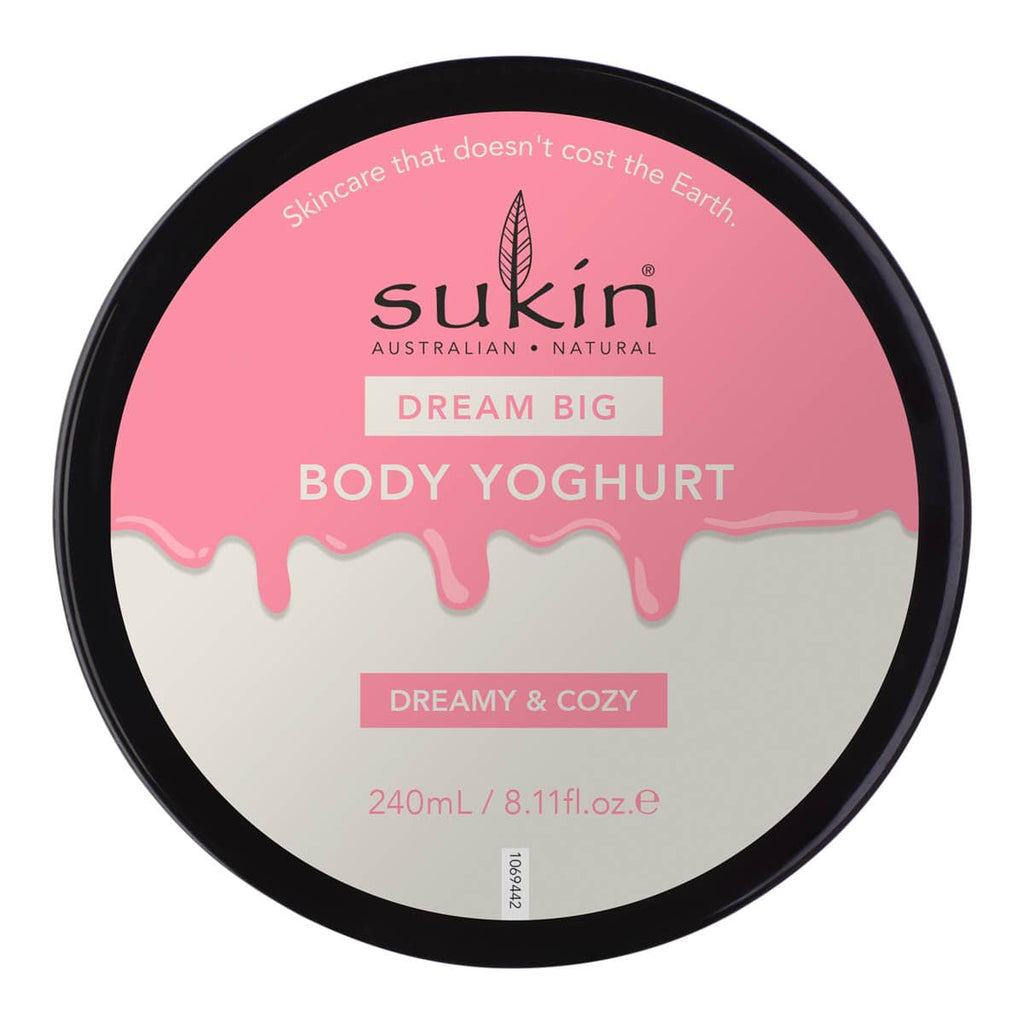 Sukin Body Yoghurt container with pink and black design.
