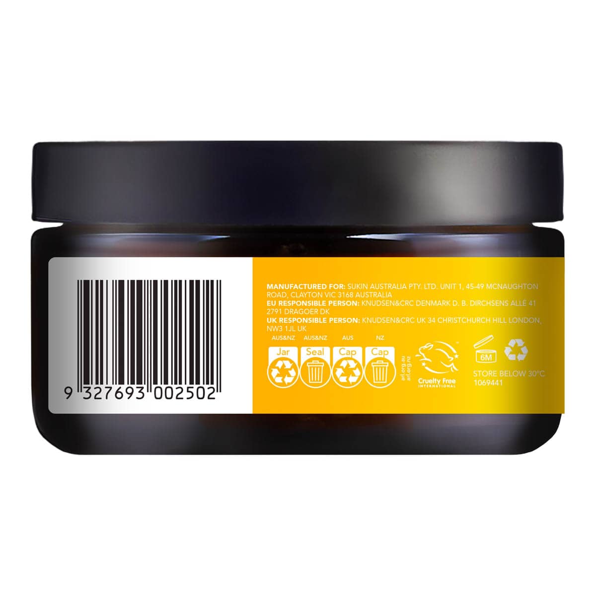 Back view of a jar with a black lid and yellow label featuring a barcode and recycling symbols.