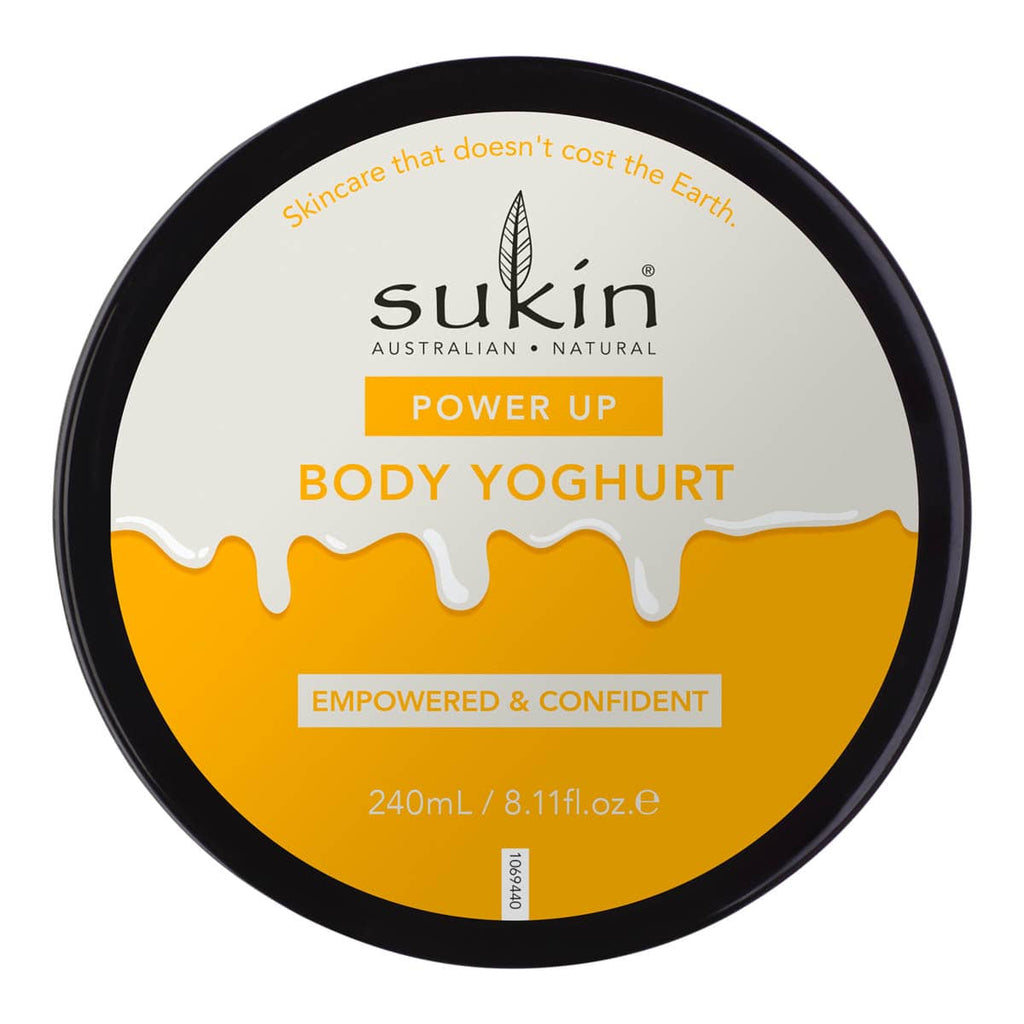 Sukin Power Up Body Yoghurt container on a white background.