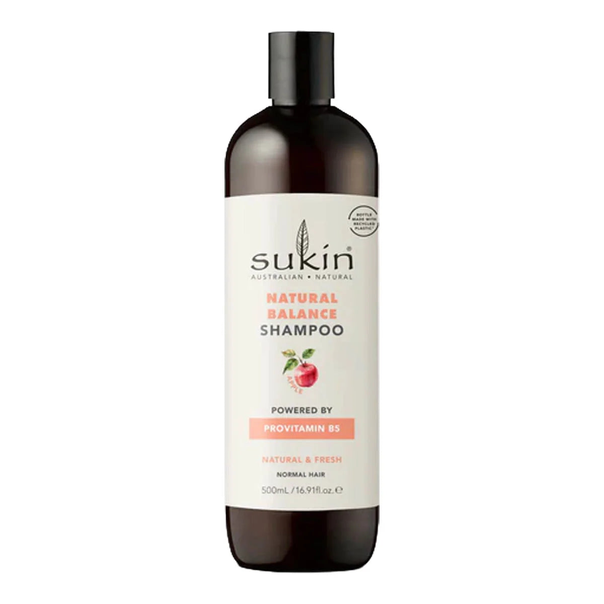 Sukin Natural Balance Apple Shampoo powered by provitamin b5. For normal hair.