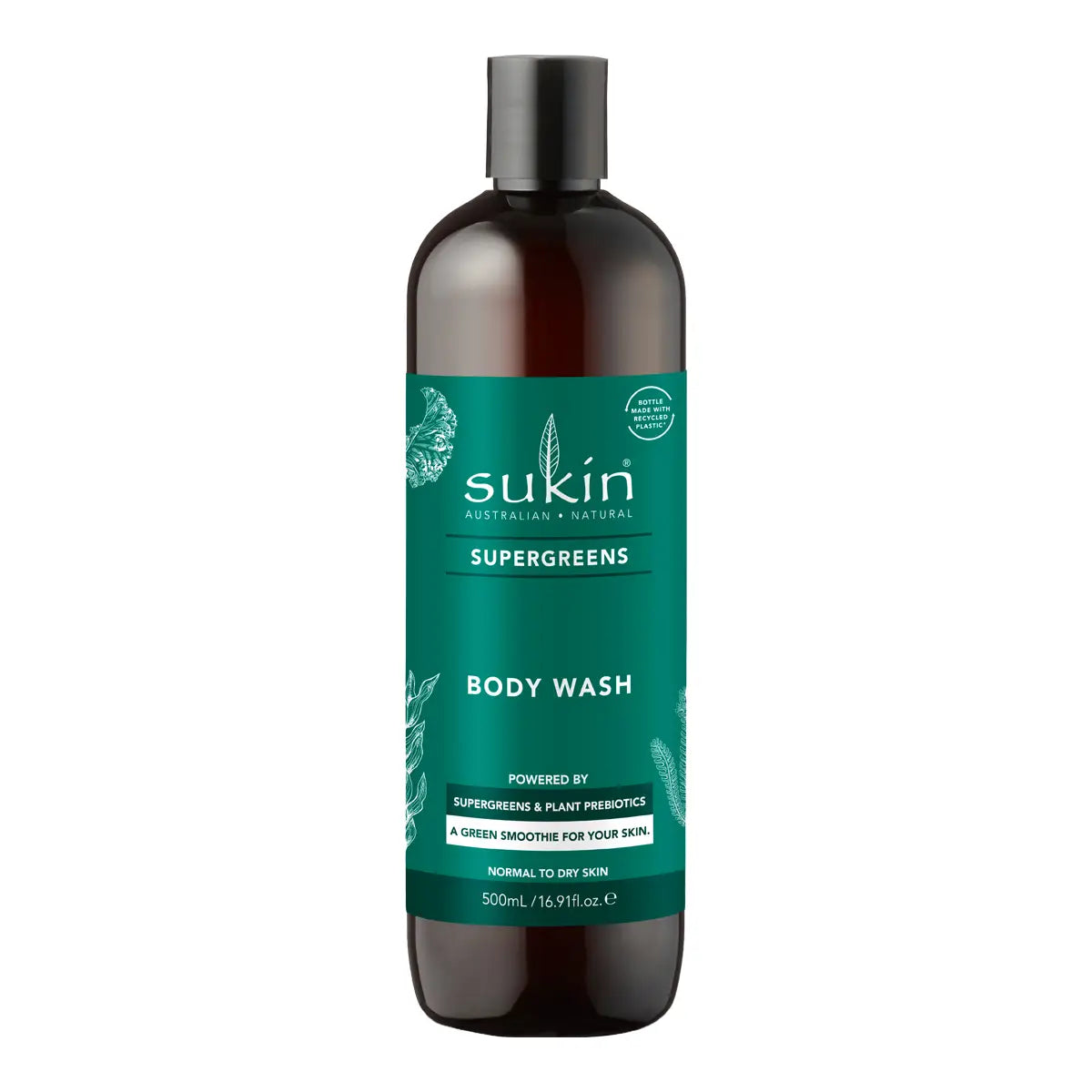 A 500ml bottle of Sukin Supergreens Body Wash, featuring a dark amber-brown translucent bottle and a teal green label with white text, set against a plain white background.