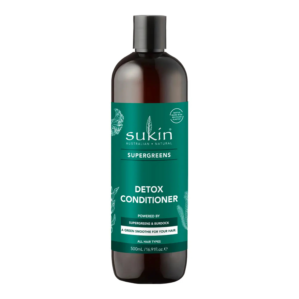 A 500ml bottle of Sukin Supergreens Detox Conditioner, featuring a dark amber-brown bottle and a prominent teal green label with white text, set against a plain white background.