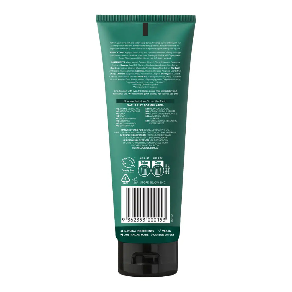 The back of a dark green squeeze tube with white text and a black cap, photographed on a plain white background.