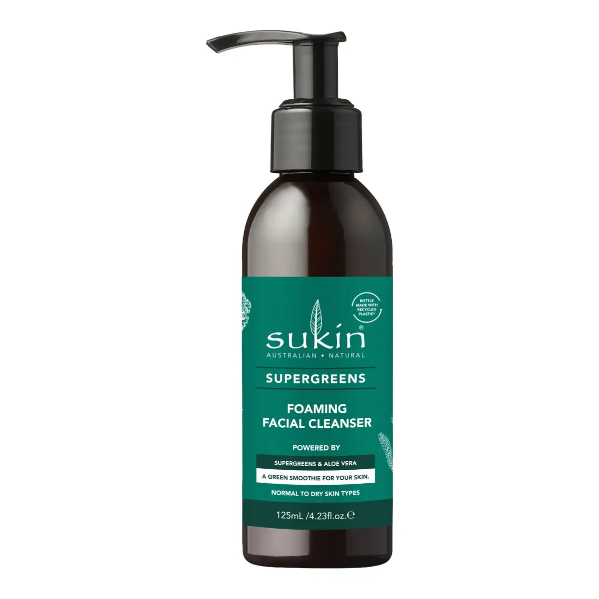 A 125ml pump bottle of Sukin Supergreens Foaming Facial Cleanser. The bottle is dark amber brown with a black pump dispenser and a prominent dark green label featuring white text.