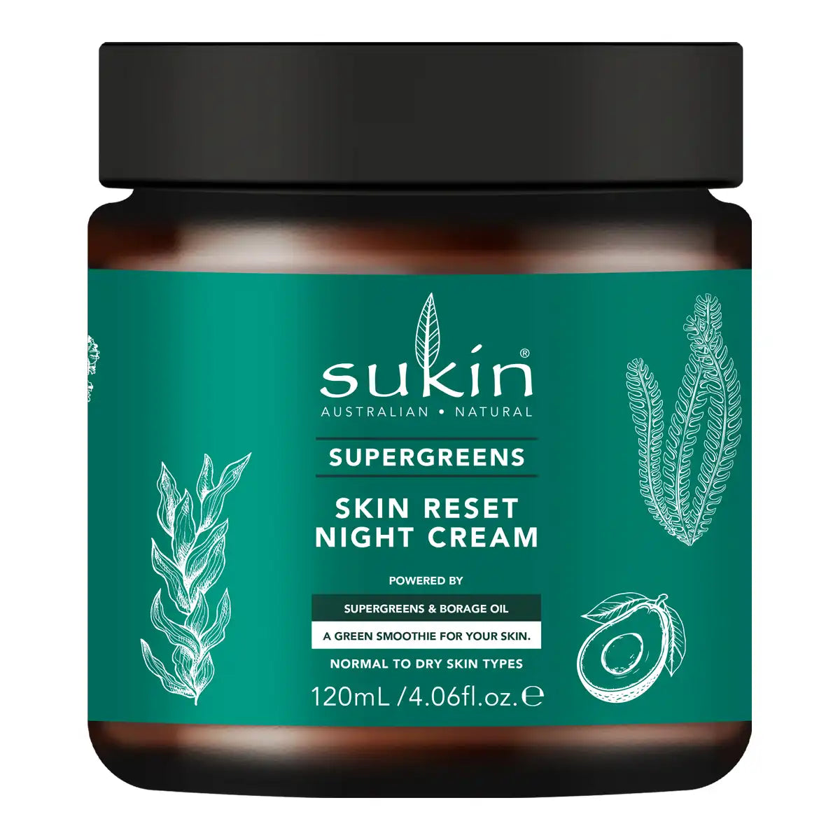 A jar of Sukin Australian Natural Supergreens Skin Reset Night Cream, featuring a dark teal label with white botanical illustrations and a black lid, set against a plain white background.