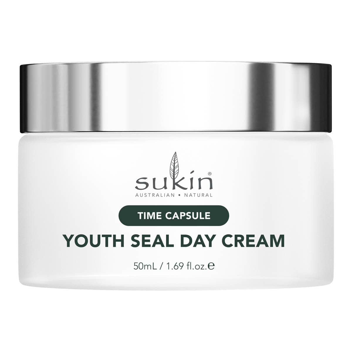 Sukin Youth Seal Day Cream jar with silver lid on a white background.