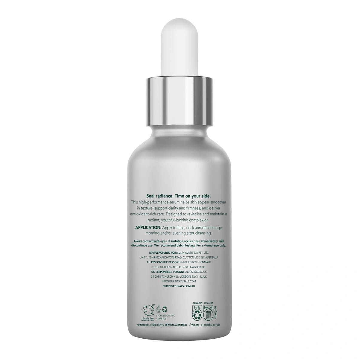 Back of Sukin serum dropper bottle with application instructions, precautions and product benefits.