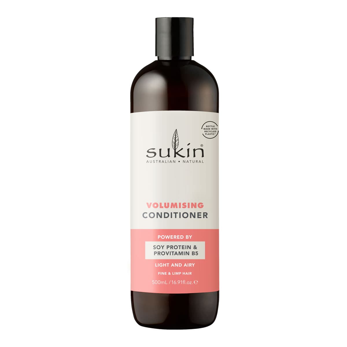 Sukin volumising conditioner bottle on a white background.