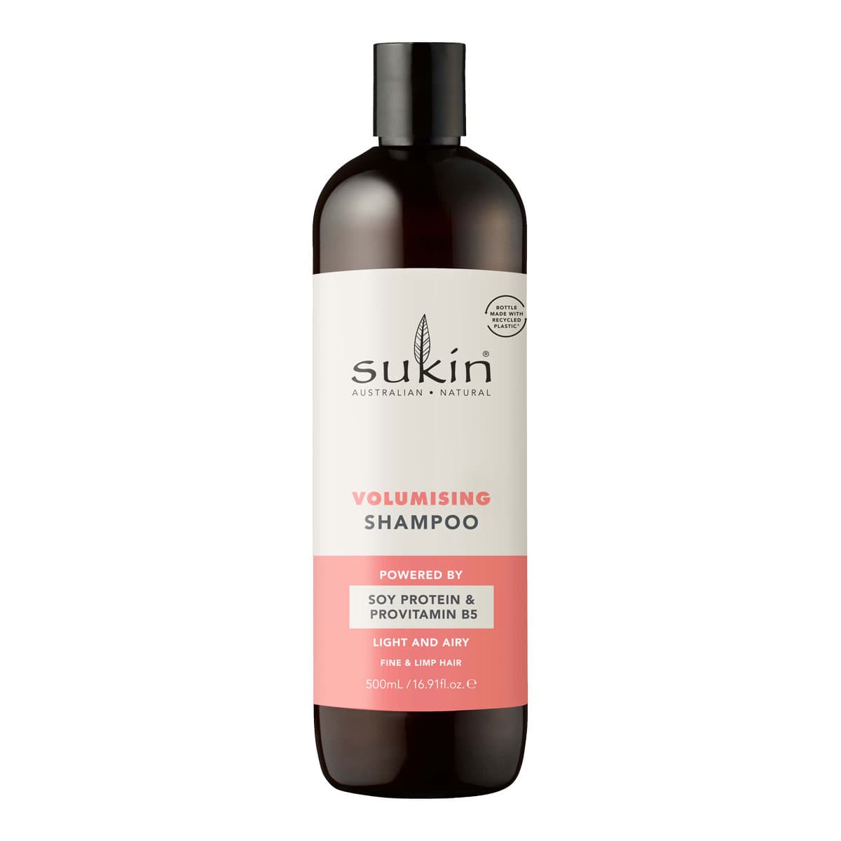 Sukin volumising shampoo bottle on a white background.