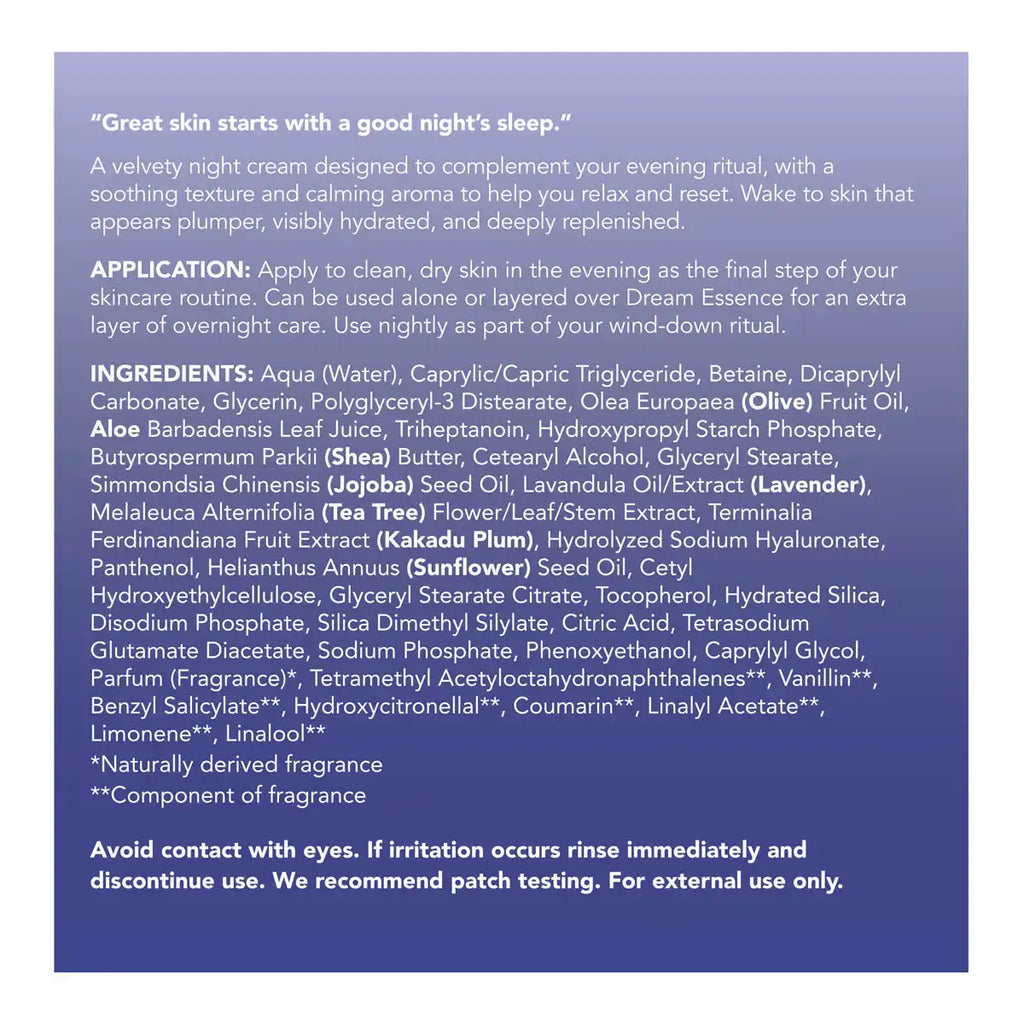 Back of Sukin Zen Skin Fluffy Dream Cream with ingredients, application and product benefits. 