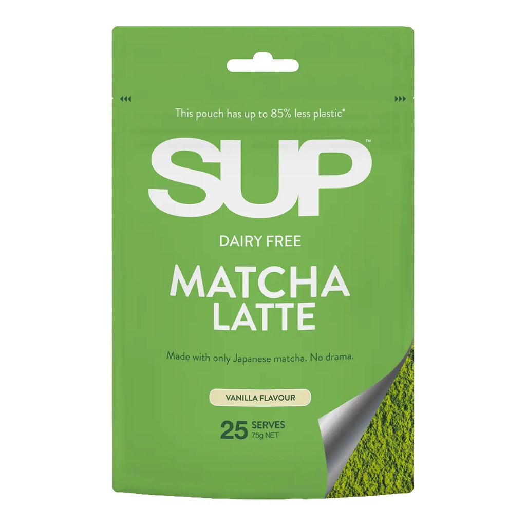 Front view of SUP Matcha Latte in vanilla flavour, green pouch with white text.
