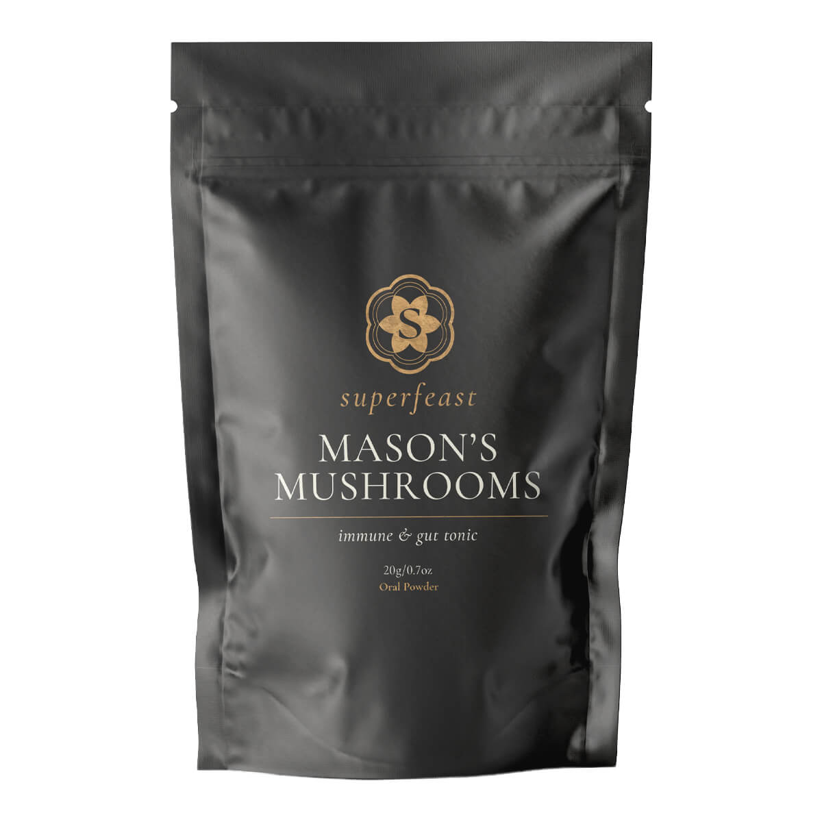 Black package of Mason's Mushrooms by SuperFeast on a white background.