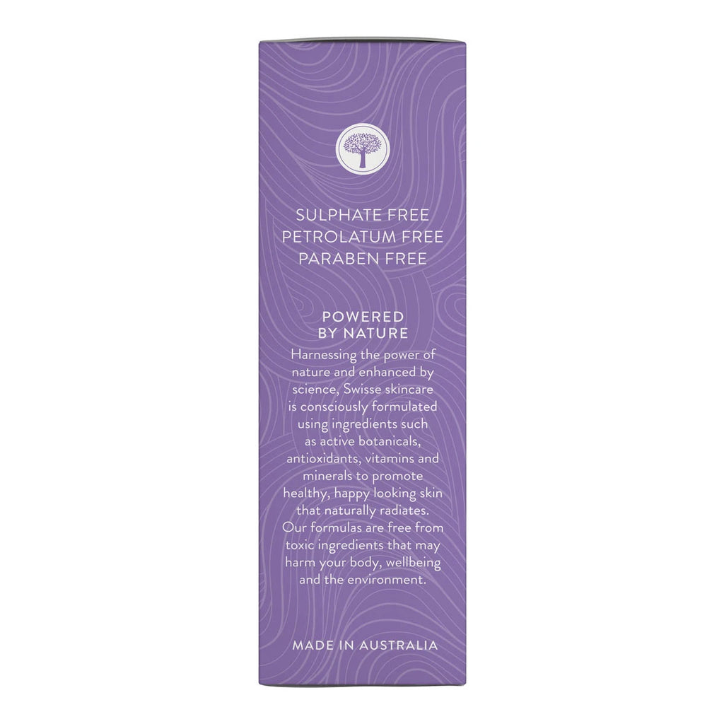 Side of box packaging of argan facial oil with purple design and 'powered by nature'. Sulphate, petrolatum & paraben free.