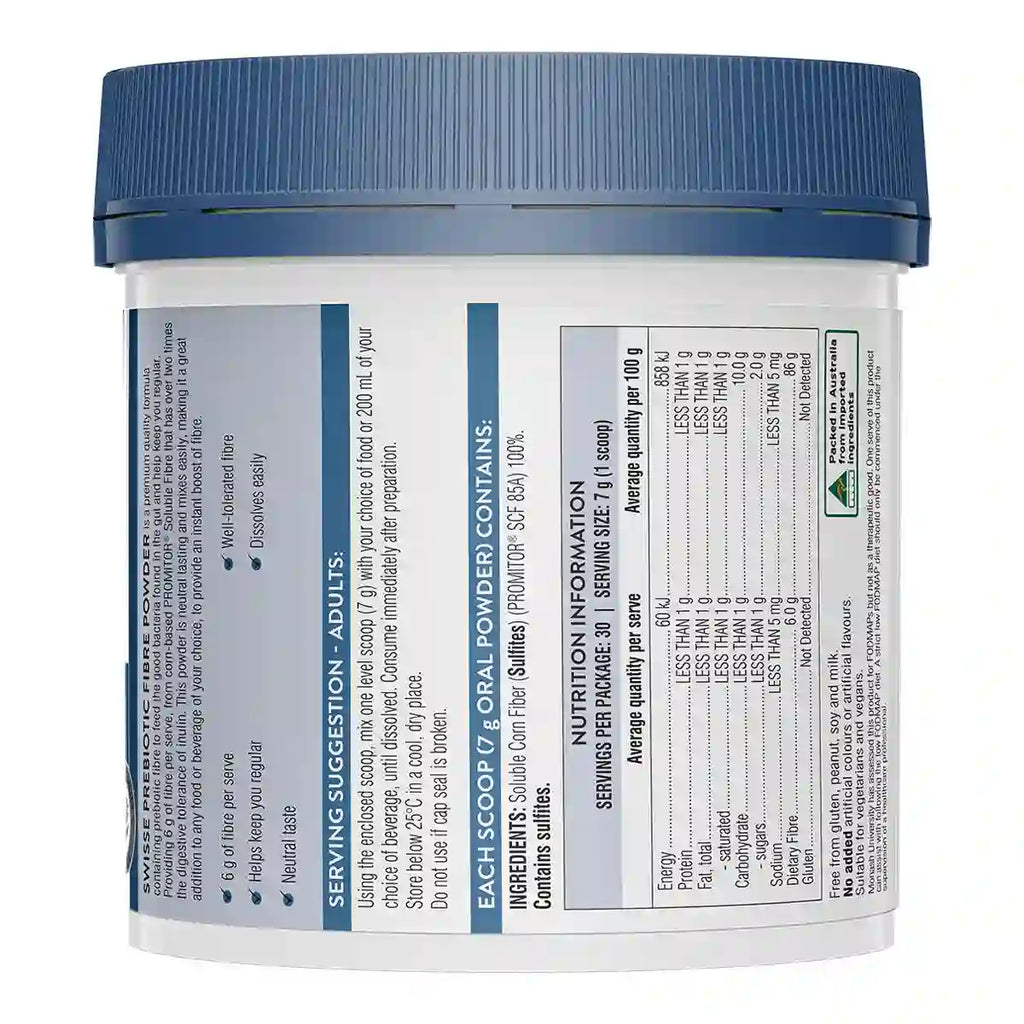 A white plastic jar with a blue lid, showing the back label with text and nutrition information.