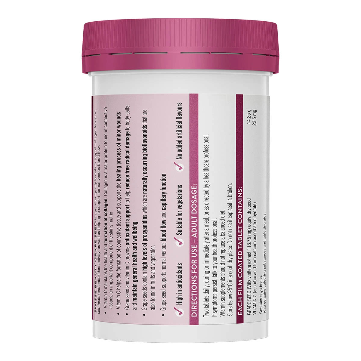 Supplement container with pink lid and label on a white background