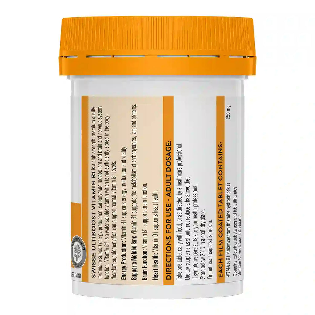 A white plastic bottle of Swisse Ultiboost Vitamin B1 with an orange cap, showing the back label with text.