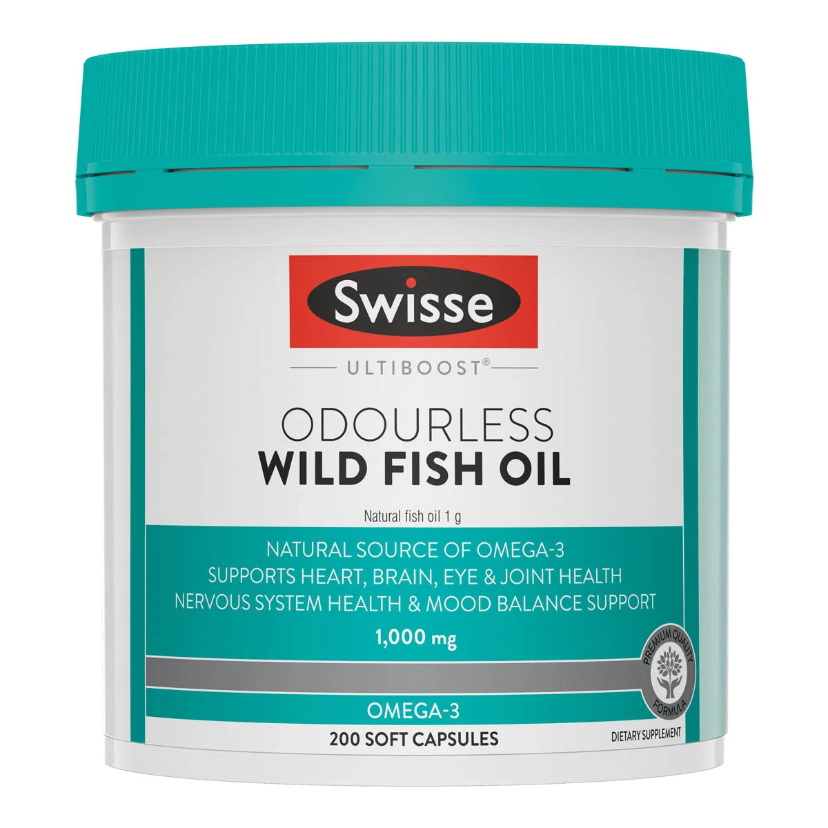 Swisse Ultiboost Odourless Wild Fish Oil 200 capsules container on a white background