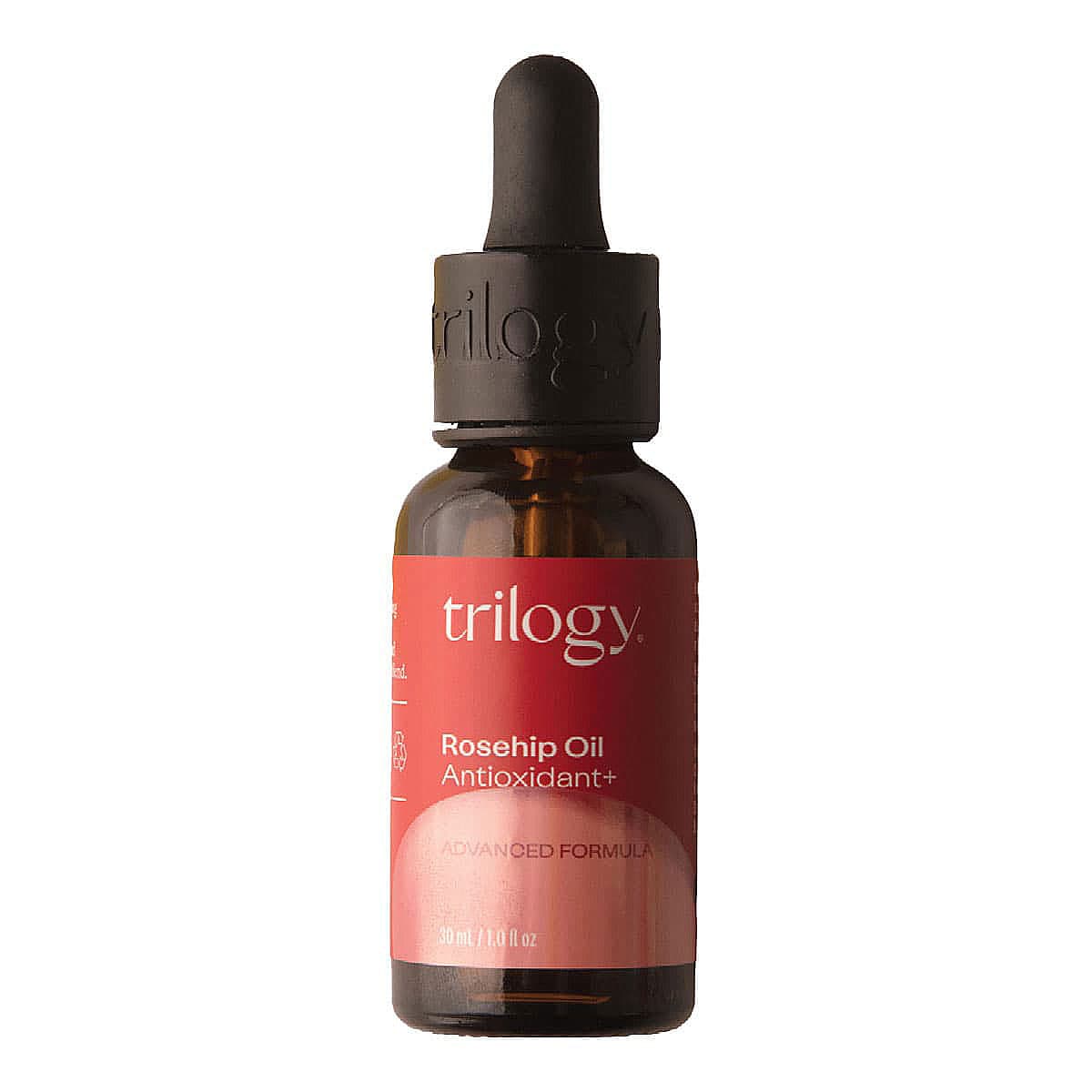 Trilogy Rosehip Oil Antioxidant+ bottle on a white background.