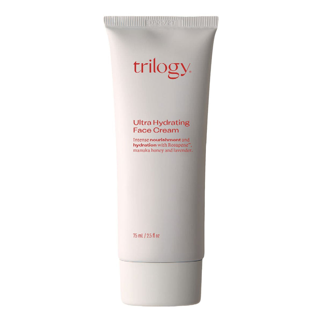 Trilogy Ultra Hydrating Face Cream tube on a white background.