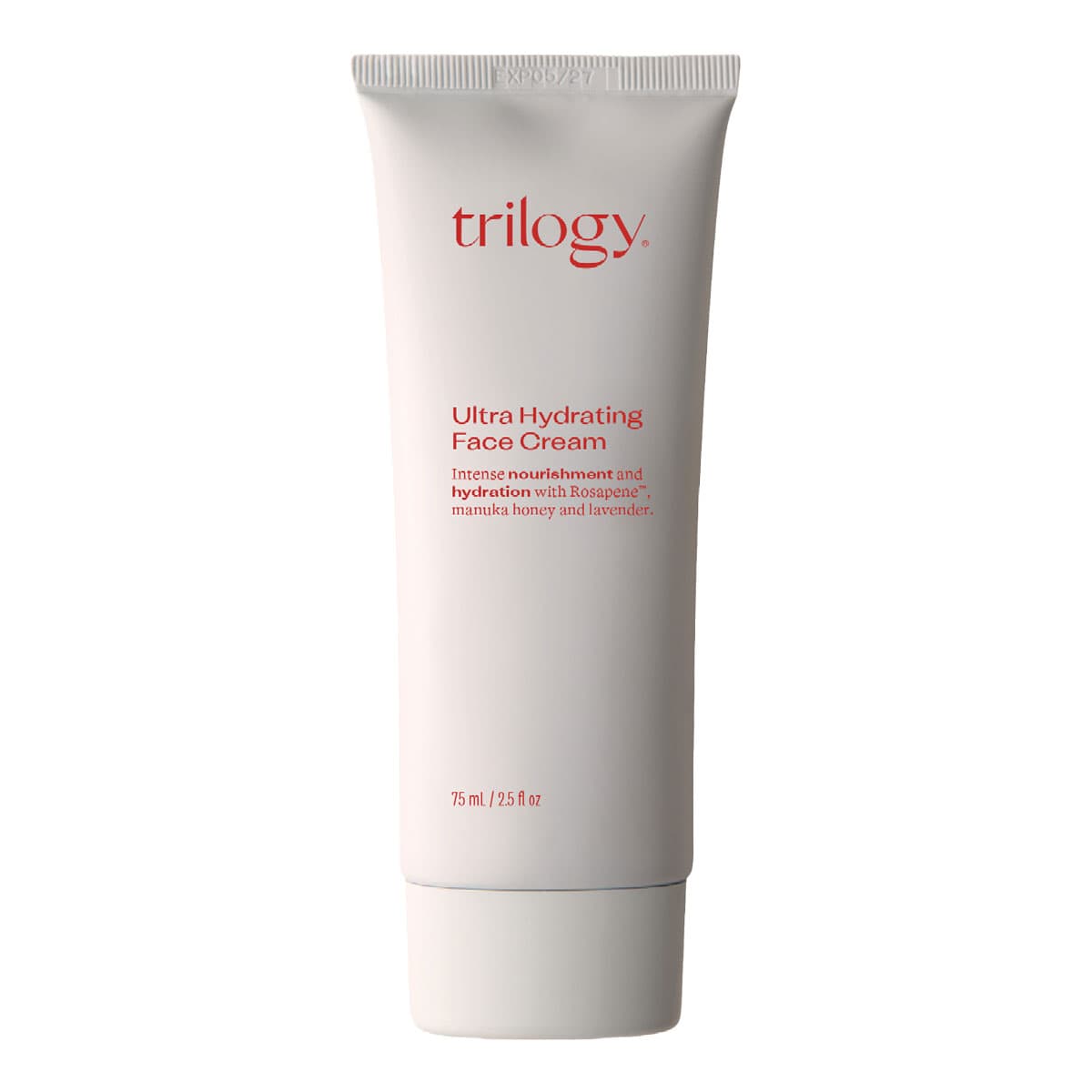 Trilogy Ultra Hydrating Face Cream tube on a white background.