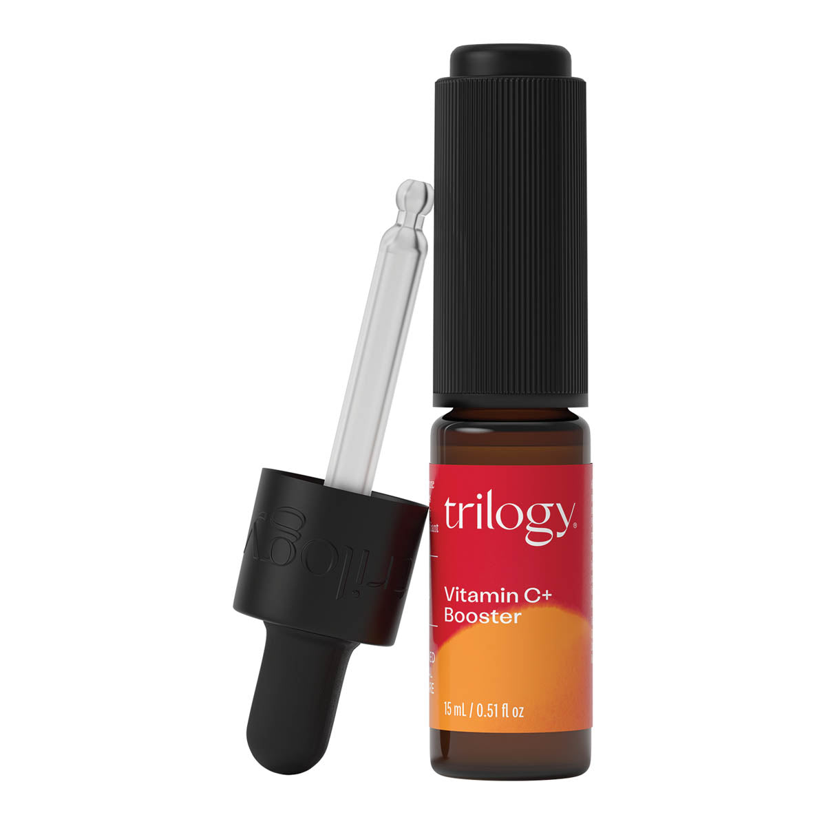 Trilogy Vitamin C+ Booster with dropper on a white background.