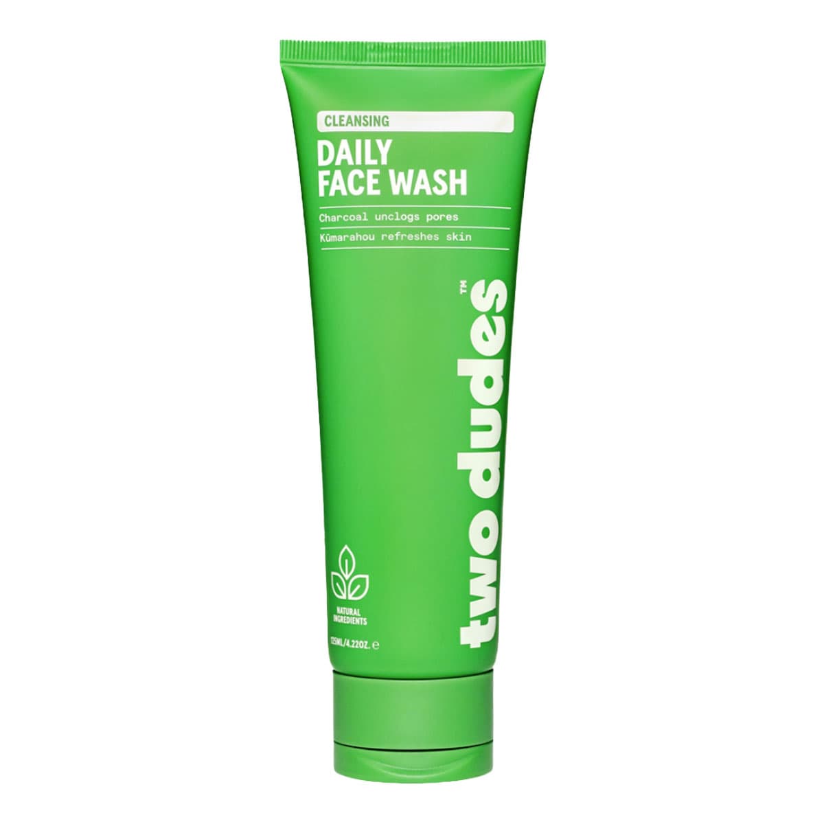 Green tube of 'two dudes' daily face wash on a white background.