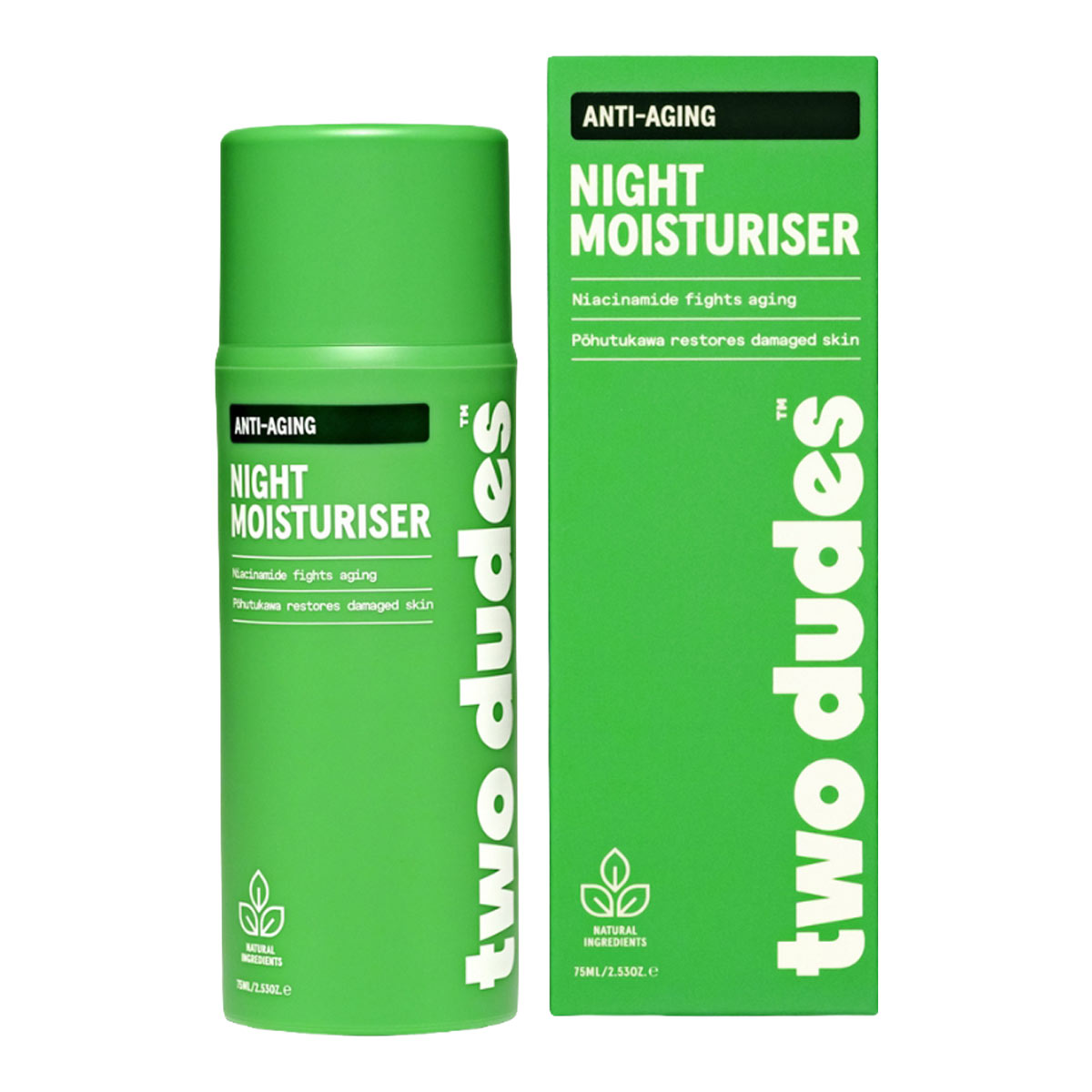 Green night moisturiser bottle and packaging with 'two dudes' branding on a white background.