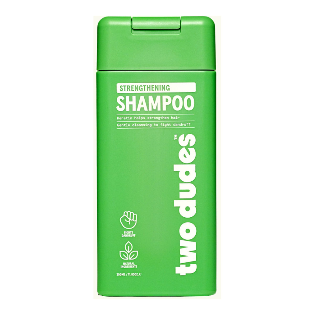 Strengthening Shampoo in a green bottle by Two Dudes on a white background