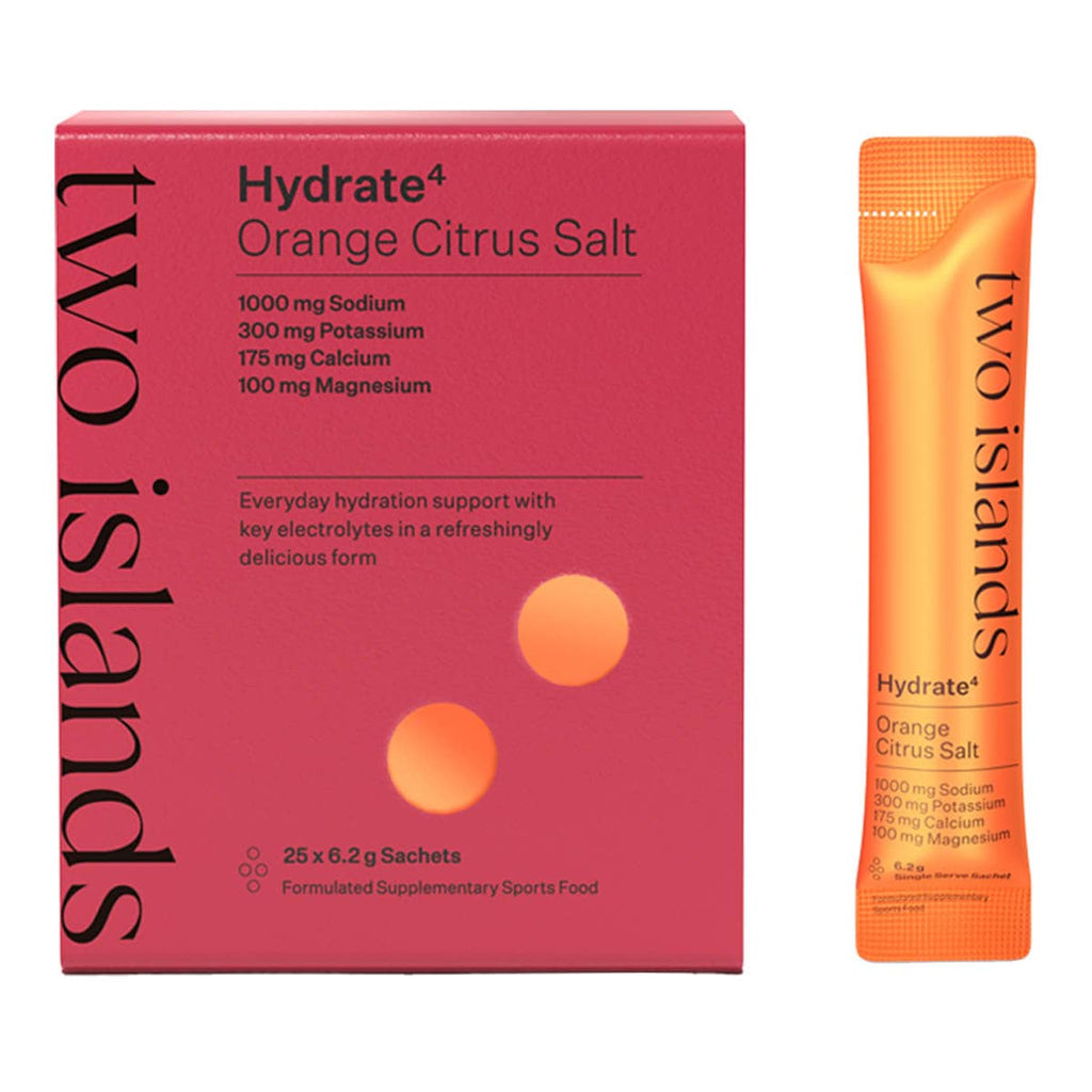 Two Islands Hydrate4 Orange Citrus Salt packaging and a single sachet on a white background