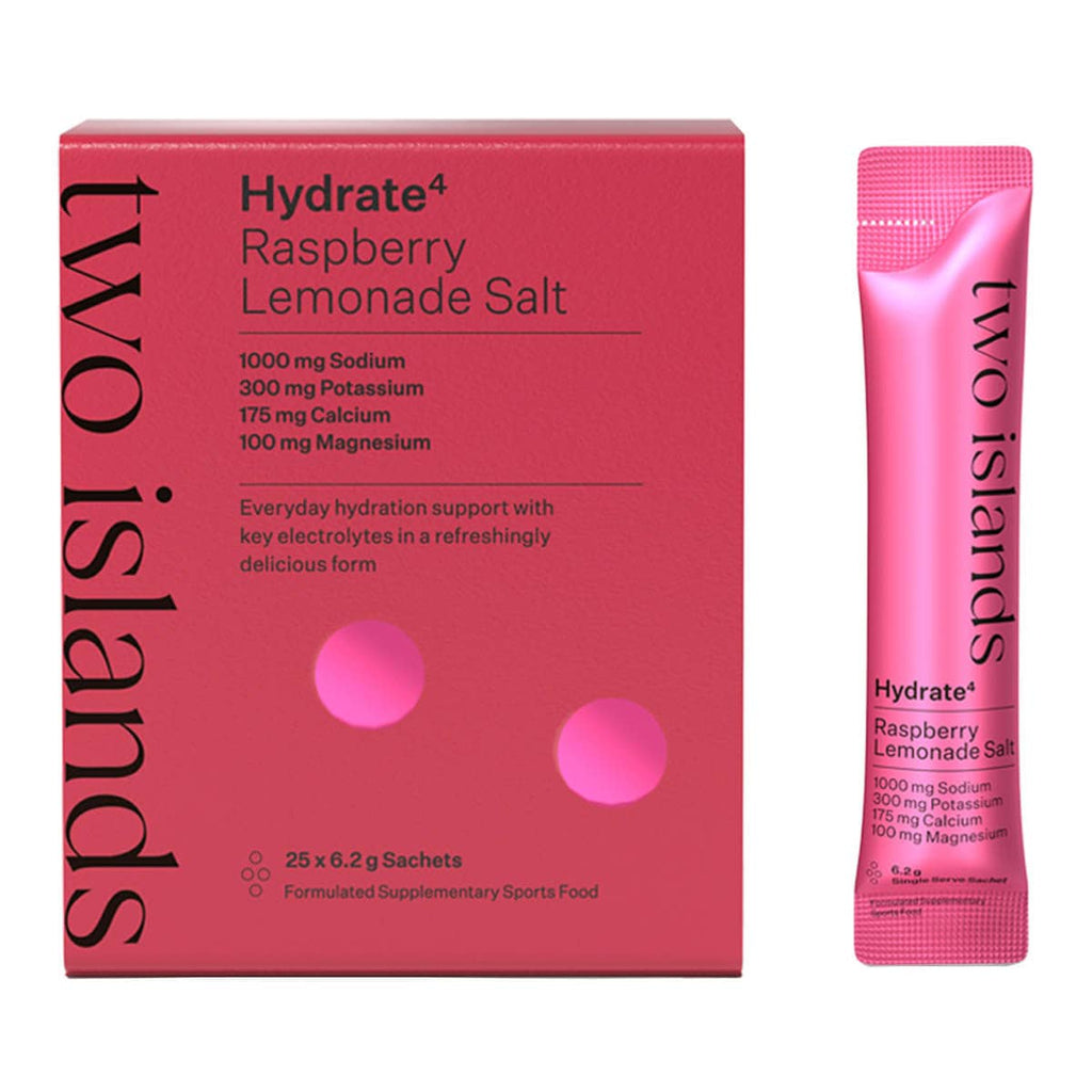 Two Islands Hydrate Raspberry Lemonade Salt packaging and sachet on a white background.
