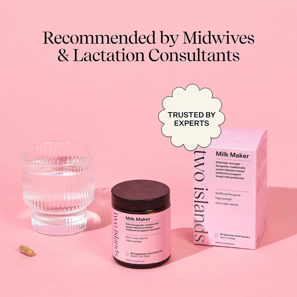 Milk Maker pictured on a pink background with a glass of water and a single pill. Recommended by Midwives and lactation consultants.