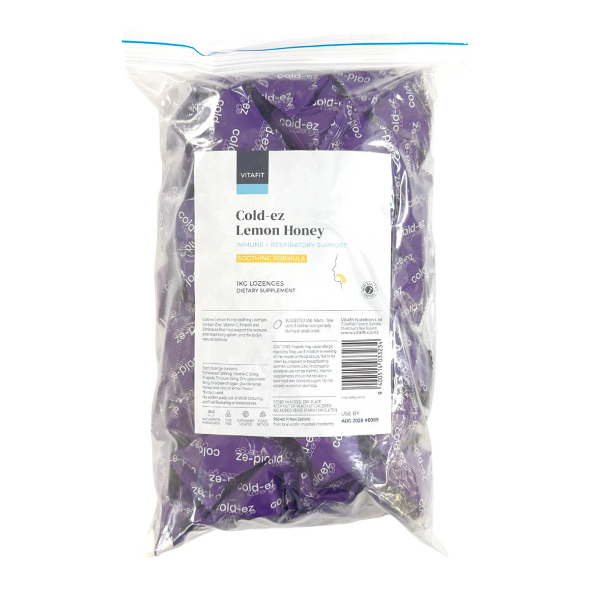 Large ziplock bag of Vitafit Cold-ex Lemon Honey Lozenges 1kg. Individual purple wrappers.