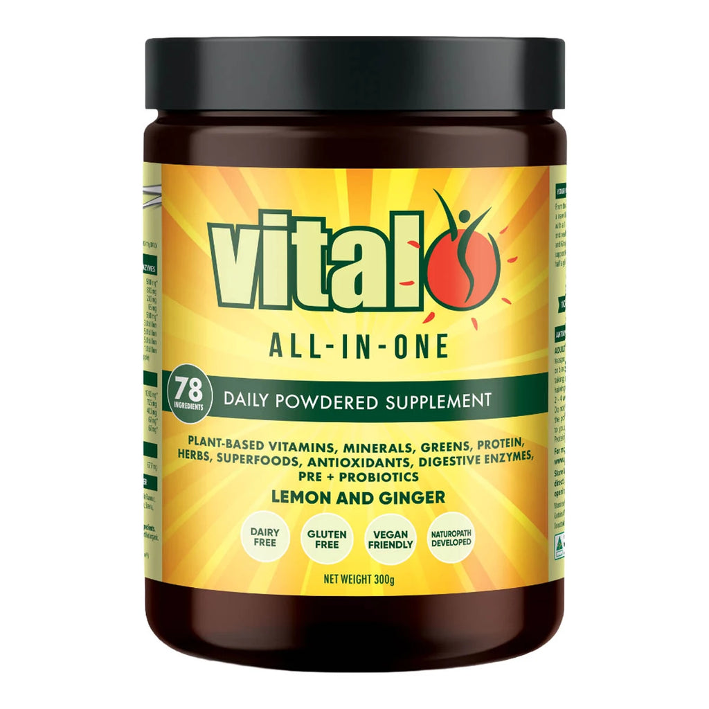 Vital All-In-One daily powdered supplement jar with yellow label on a white background
