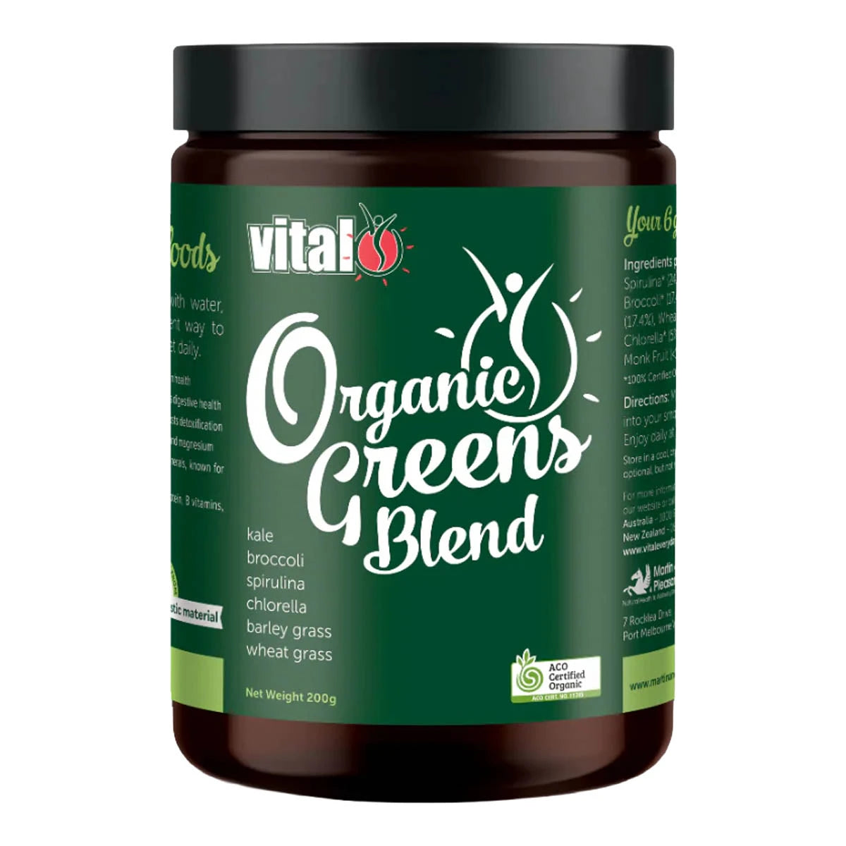 Jar of Vital Organic Greens 4 Blend on a white background